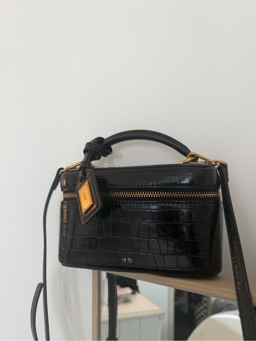 JW PEI Black Croc Box Crossbody with Gold Hardware